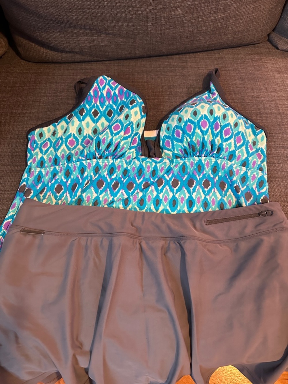 FINAL MARKDOWN Free Country Teal and Light Blue Patterned Swim Tank With Skirt